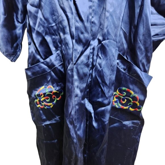Vintage Asian Silk Kimono Robe Embroidered Dragon Blue Long Size Medium - Picture 8 of 9